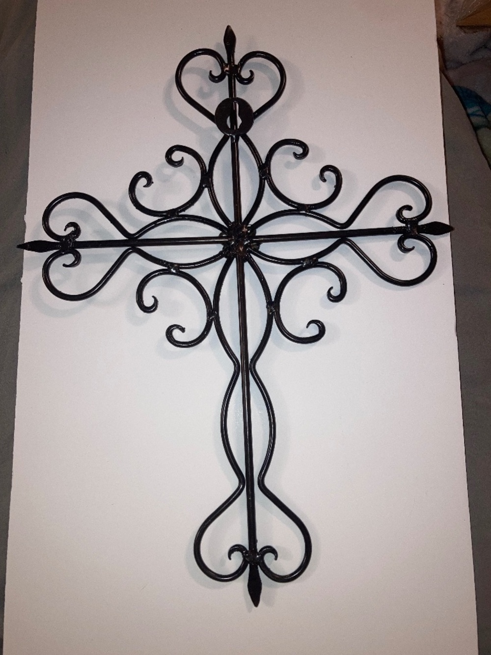 Black Wrought Iron Scrolling Wall Cross 15x11 Metal Swirl Filigree Gothic Heart